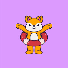 Cute fox using a float. Animal cartoon concept isolated. Can used for t-shirt, greeting card, invitation card or mascot. Flat Cartoon Style