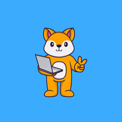 Cute fox holding laptop. Animal cartoon concept isolated. Can used for t-shirt, greeting card, invitation card or mascot. Flat Cartoon Style