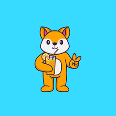 Cute fox holding orange juice in glass. Animal cartoon concept isolated. Can used for t-shirt, greeting card, invitation card or mascot. Flat Cartoon Style