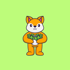 Cute fox holding money. Animal cartoon concept isolated. Can used for t-shirt, greeting card, invitation card or mascot. Flat Cartoon Style