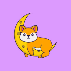 Cute fox is on the moon. Animal cartoon concept isolated. Can used for t-shirt, greeting card, invitation card or mascot. Flat Cartoon Style
