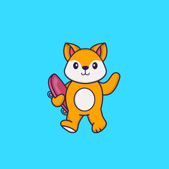 Cute fox holding a skateboard. Animal cartoon concept isolated. Can used for t-shirt, greeting card, invitation card or mascot. Flat Cartoon Style