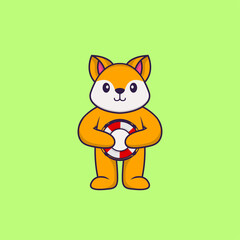Cute fox holding a buoy. Animal cartoon concept isolated. Can used for t-shirt, greeting card, invitation card or mascot. Flat Cartoon Style