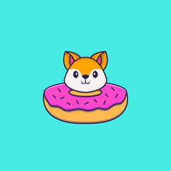 Cute fox with a donut on his neck. Animal cartoon concept isolated. Can used for t-shirt, greeting card, invitation card or mascot. Flat Cartoon Style