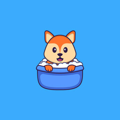 Obraz premium Cute fox taking a bath in the bathtub. Animal cartoon concept isolated. Can used for t-shirt, greeting card, invitation card or mascot. Flat Cartoon Style