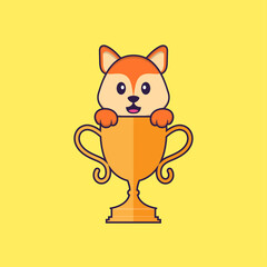 Cute fox with gold trophy. Animal cartoon concept isolated. Can used for t-shirt, greeting card, invitation card or mascot. Flat Cartoon Style