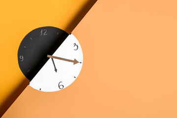 Creative composition with clock on color background