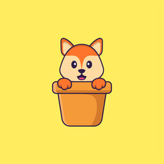 Cute fox in a flower vase. Animal cartoon concept isolated. Can used for t-shirt, greeting card, invitation card or mascot. Flat Cartoon Style