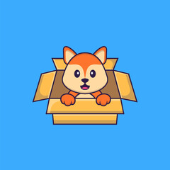 Cute fox Playing In Box. Animal cartoon concept isolated. Can used for t-shirt, greeting card, invitation card or mascot. Flat Cartoon Style
