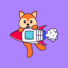 Cute fox flying on rocket. Animal cartoon concept isolated. Can used for t-shirt, greeting card, invitation card or mascot. Flat Cartoon Style