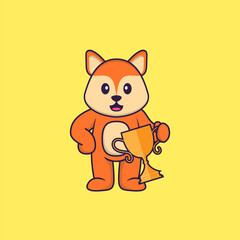 Cute fox holding gold trophy. Animal cartoon concept isolated. Can used for t-shirt, greeting card, invitation card or mascot. Flat Cartoon Style