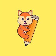 Cute fox holding a pencil. Animal cartoon concept isolated. Can used for t-shirt, greeting card, invitation card or mascot. Flat Cartoon Style