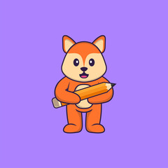 Cute fox holding a pencil. Animal cartoon concept isolated. Can used for t-shirt, greeting card, invitation card or mascot. Flat Cartoon Style