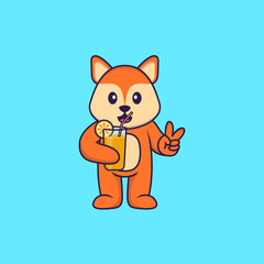 Cute fox holding orange juice in glass. Animal cartoon concept isolated. Can used for t-shirt, greeting card, invitation card or mascot. Flat Cartoon Style