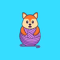 Cute fox playing with wool yarn. Animal cartoon concept isolated. Can used for t-shirt, greeting card, invitation card or mascot. Flat Cartoon Style
