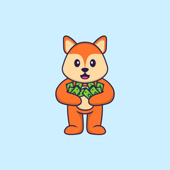 Cute fox holding money. Animal cartoon concept isolated. Can used for t-shirt, greeting card, invitation card or mascot. Flat Cartoon Style