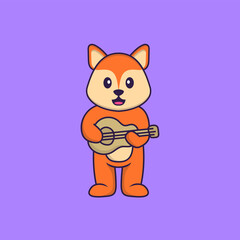 Cute fox playing guitar. Animal cartoon concept isolated. Can used for t-shirt, greeting card, invitation card or mascot. Flat Cartoon Style