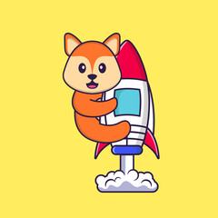 Cute fox flying on rocket. Animal cartoon concept isolated. Can used for t-shirt, greeting card, invitation card or mascot. Flat Cartoon Style