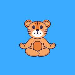 Cute tiger is meditating or doing yoga. Animal cartoon concept isolated. Can used for t-shirt, greeting card, invitation card or mascot. Flat Cartoon Style