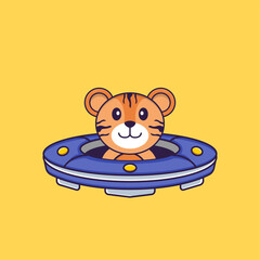 Cute tiger Driving Spaceship Ufo. Animal cartoon concept isolated. Can used for t-shirt, greeting card, invitation card or mascot. Flat Cartoon Style
