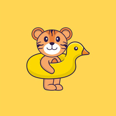 Cute tiger With Duck buoy. Animal cartoon concept isolated. Can used for t-shirt, greeting card, invitation card or mascot. Flat Cartoon Style