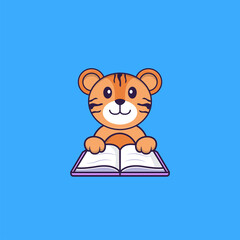 Cute tiger reading a book. Animal cartoon concept isolated. Can used for t-shirt, greeting card, invitation card or mascot. Flat Cartoon Style