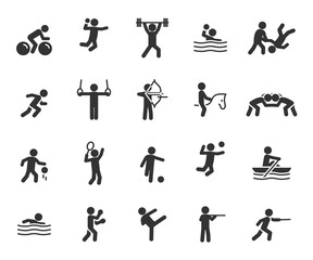 Vector set of sports flat icons. Contains icons weightlifting, basketball, taekwondo, handball, judo, fencing, volleyball, cycling, wrestling and more. Pixel perfect.