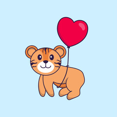 Cute tiger flying with love shaped balloons. Animal cartoon concept isolated. Can used for t-shirt, greeting card, invitation card or mascot. Flat Cartoon Style