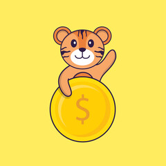 Cute tiger holding coin. Animal cartoon concept isolated. Can used for t-shirt, greeting card, invitation card or mascot. Flat Cartoon Style