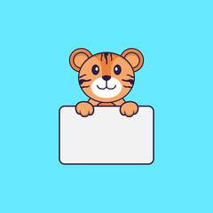 Cute tiger holding whiteboard. Animal cartoon concept isolated. Can used for t-shirt, greeting card, invitation card or mascot. Flat Cartoon Style