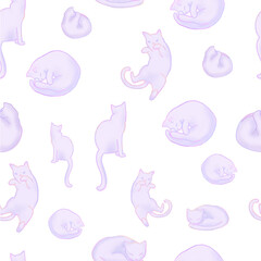 Seamless pattern with soft cute pastel cats on white background