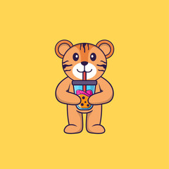 Cute tiger Drinking Boba milk tea. Animal cartoon concept isolated. Can used for t-shirt, greeting card, invitation card or mascot. Flat Cartoon Style