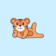 Cute tiger lying down. Animal cartoon concept isolated. Can used for t-shirt, greeting card, invitation card or mascot. Flat Cartoon Style