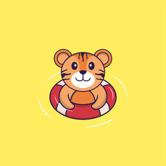 Cute tiger is Swimming with a buoy. Animal cartoon concept isolated. Can used for t-shirt, greeting card, invitation card or mascot. Flat Cartoon Style