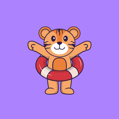 Cute tiger using a float. Animal cartoon concept isolated. Can used for t-shirt, greeting card, invitation card or mascot. Flat Cartoon Style