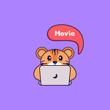 Cute tiger is watching a movie. Animal cartoon concept isolated. Can used for t-shirt, greeting card, invitation card or mascot. Flat Cartoon Style