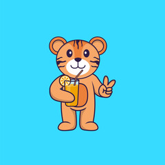 Cute tiger holding orange juice in glass. Animal cartoon concept isolated. Can used for t-shirt, greeting card, invitation card or mascot. Flat Cartoon Style