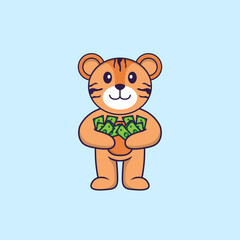 Cute tiger holding money. Animal cartoon concept isolated. Can used for t-shirt, greeting card, invitation card or mascot. Flat Cartoon Style