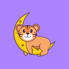 Cute tiger is on the moon. Animal cartoon concept isolated. Can used for t-shirt, greeting card, invitation card or mascot. Flat Cartoon Style