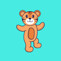 Cute tiger is dancing. Animal cartoon concept isolated. Can used for t-shirt, greeting card, invitation card or mascot. Flat Cartoon Style