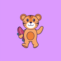 Obraz na płótnie Canvas Cute tiger holding a skateboard. Animal cartoon concept isolated. Can used for t-shirt, greeting card, invitation card or mascot. Flat Cartoon Style