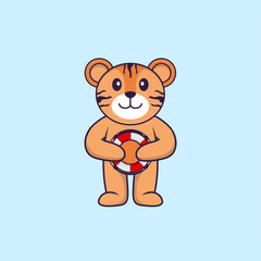 Cute tiger holding a buoy. Animal cartoon concept isolated. Can used for t-shirt, greeting card, invitation card or mascot. Flat Cartoon Style