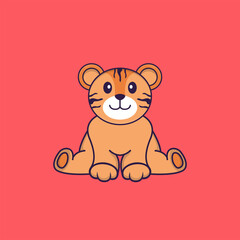Cute tiger is sitting. Animal cartoon concept isolated. Can used for t-shirt, greeting card, invitation card or mascot. Flat Cartoon Style