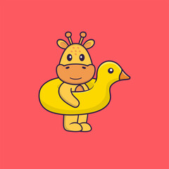 Cute giraffe With Duck buoy. Animal cartoon concept isolated. Can used for t-shirt, greeting card, invitation card or mascot. Flat Cartoon Style