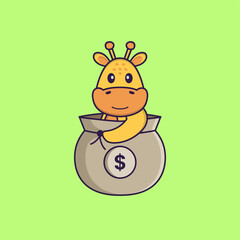 Cute giraffe in a money bag. Animal cartoon concept isolated. Can used for t-shirt, greeting card, invitation card or mascot. Flat Cartoon Style