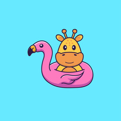 Cute giraffe With flamingo buoy. Animal cartoon concept isolated. Can used for t-shirt, greeting card, invitation card or mascot. Flat Cartoon Style