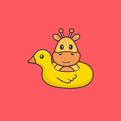 Cute giraffe With Duck buoy. Animal cartoon concept isolated. Can used for t-shirt, greeting card, invitation card or mascot. Flat Cartoon Style