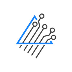 Tecnología electrónica. Logo circuito digital con lineas en triángulo de color gris y azul