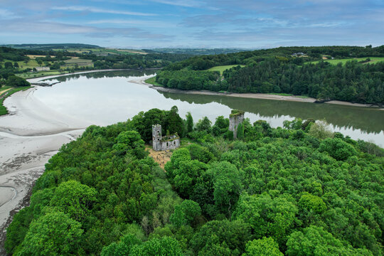 Aerial view of the Templemichael Church and Castle in county Waterford, Ireland
