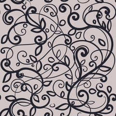 Fototapeta na wymiar Floral monoline seamless pattern background, textile printing. Hand drawn endless vector illustration of flowers on light background.